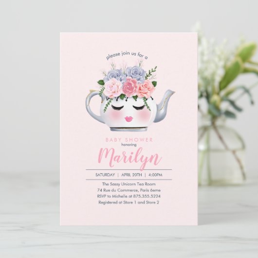 Babyparty Fräulein-Dolly Eyes Teapot Floral Einladung (Stehend Vorderseite)