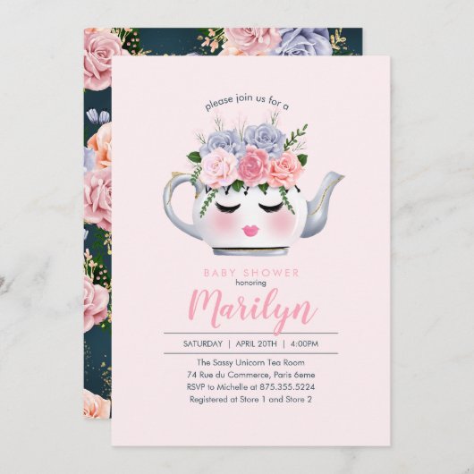 Babyparty Fräulein-Dolly Eyes Teapot Floral Einladung (Vorne/Hinten)