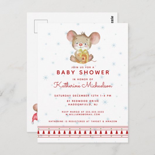 Babyparty | Frohe Weihnachtsmaus Einladung Postkarte (Vorne/Hinten)