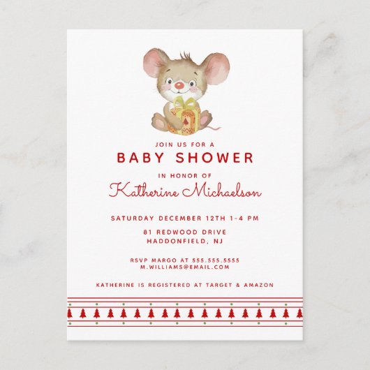 Babyparty | Frohe Weihnachtsmaus Einladung Postkarte (Vorderseite)