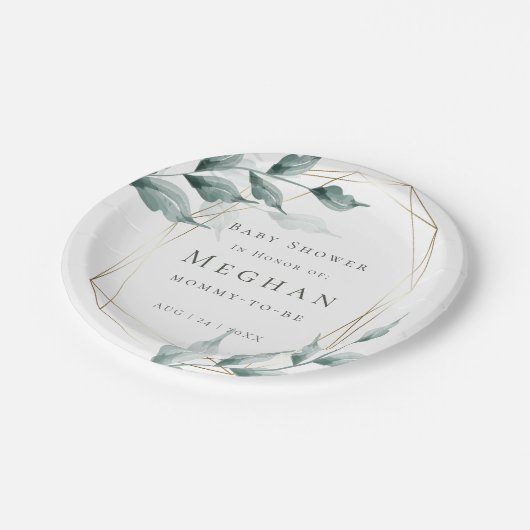 Babyparty | Grayed Jade Green Botanical Pappteller (Schrägansicht)