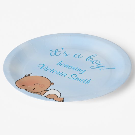 Babyparty ist es ein Jungen-Baby Pappteller (Schrägansicht)