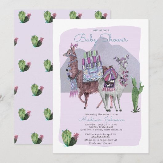Babyparty | Llamas & Cactus | Einladungen von Lila (Vorne/Hinten)