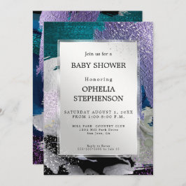 Babyparty | Metallisches Silber Aquamarin Lila Abs Einladung