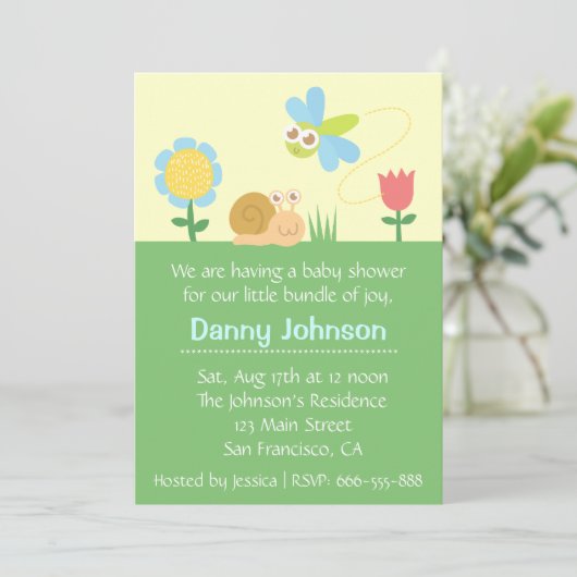 Babyparty: Niedlicher Dragonfly & Snail im Garten Einladung (Stehend Vorderseite)