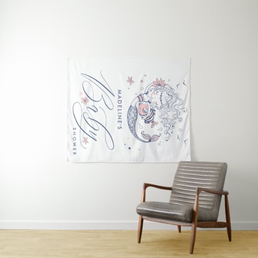 Babyparty | Pink Little Girl Mermaid Tapestry Wandteppich (Beispiel (Horizontal))