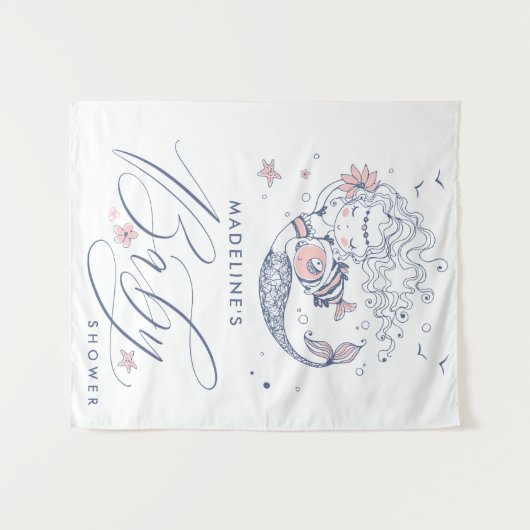 Babyparty | Pink Little Girl Mermaid Tapestry Wandteppich (Vorderseite (Horizontal))