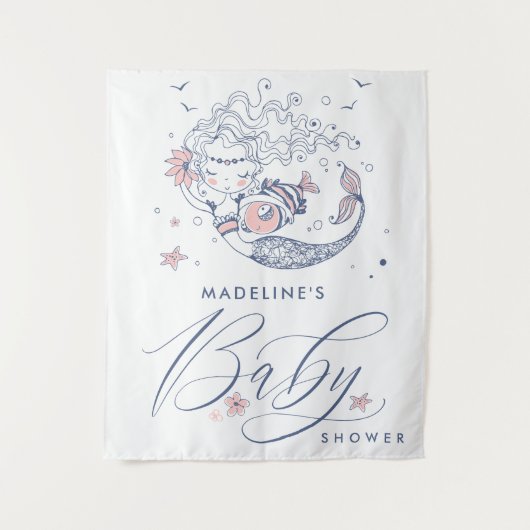 Babyparty | Pink Little Girl Mermaid Tapestry Wandteppich (Vorderseite)