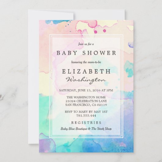 Babyparty | Rosa Blau und Lila Wasserfarbensplash Einladung (Vorderseite)