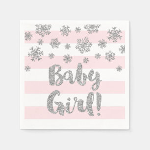 Babyparty-rosa Streifen-silberne Schneeflocken Serviette