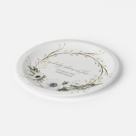 Babyparty-rustikaler Kranz-Anemonen-Zweig-Kranz Pappteller (Schrägansicht)