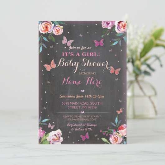 Babyparty-Schmetterling ist es ein Mädchen, oder Einladung (Stehend Vorderseite)