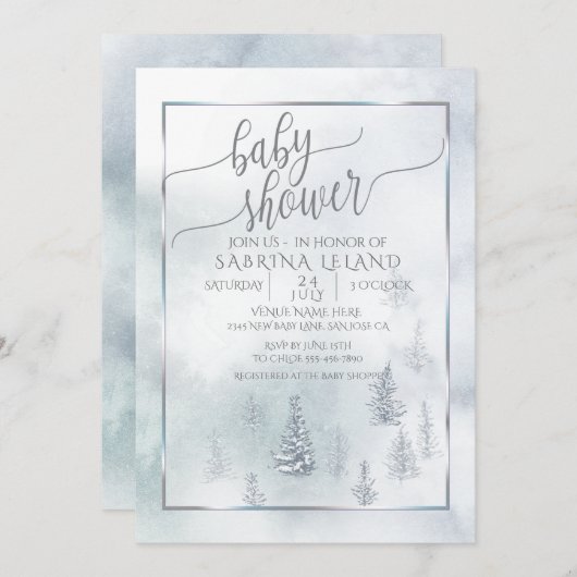 Babyparty | Silver Blue Winter Wonderland Ankündigung (Vorne/Hinten)