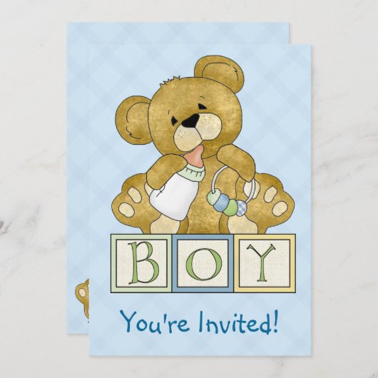 Babyparty-Teddybär-Junge Einladung (Vorne/Hinten)
