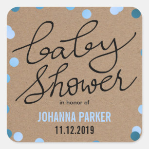 Babyparty-Typografieblaues Confetti-Braunes Quadratischer Aufkleber