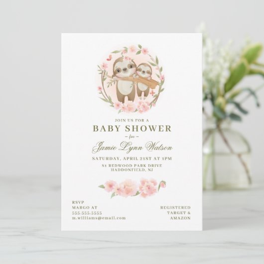 Babyparty | Watercolor Baby Sloth & Parent Invi Einladung (Stehend Vorderseite)