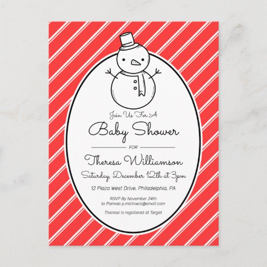 Babyparty | Winter Snowman Candy Cane Postkarte (Vorderseite)