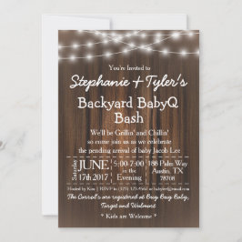 BabyQ Backyard Bash Lights Wood Rustic Baby Dusche Einladung