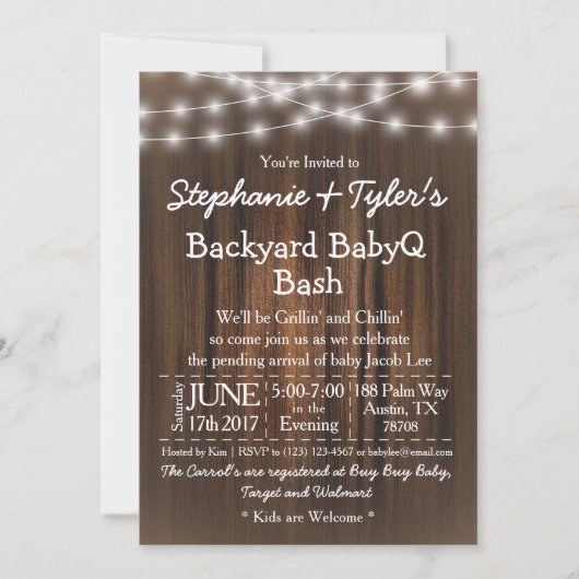 BabyQ Backyard Bash Lights Wood Rustic Baby Dusche Einladung (Vorderseite)