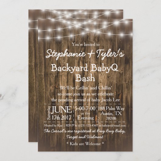 BabyQ Backyard GRILLEN Bash Wood Rustic Baby Showe Einladung (Vorne/Hinten)