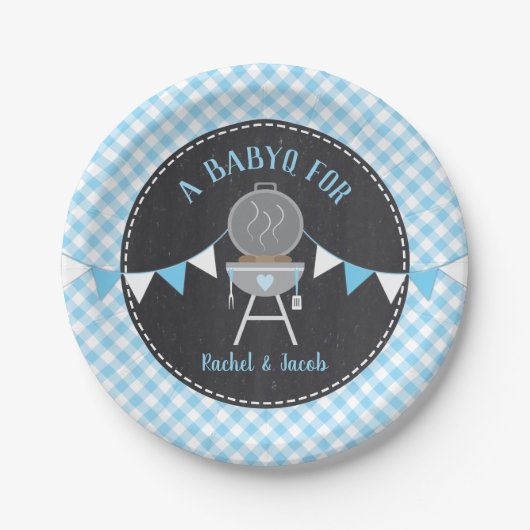 BABYQ Blue Gingham Chalkboard Boy Baby Shoounter Pappteller (Vorderseite)