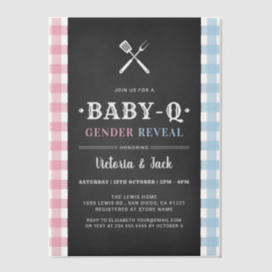 BabyQ Gender Reveal Gingham GRILLEN Black Pergament Einladungen
