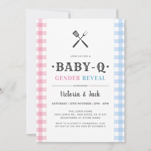 BabyQ Gender Reveal Gingham GRILLEN Einladung (Vorderseite)