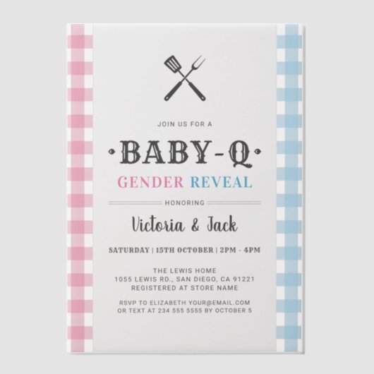 BabyQ Gender Reveal Gingham GRILLEN Pergament Einladungen (Vorderseite)