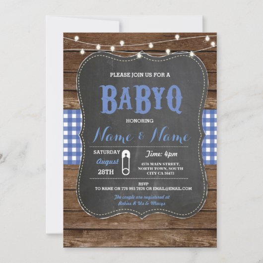 BaByQ GRILLEN Baby Shower Blue Chalk Wood Einladun Einladung (Vorderseite)