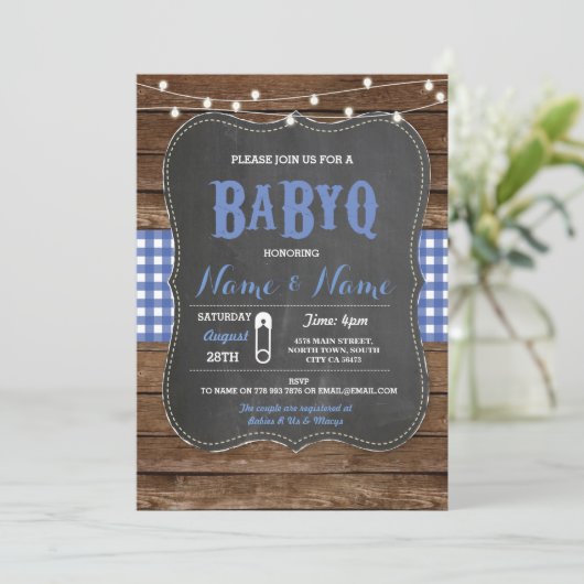 BaByQ GRILLEN Baby Shower Blue Chalk Wood Einladun Einladung (Stehend Vorderseite)