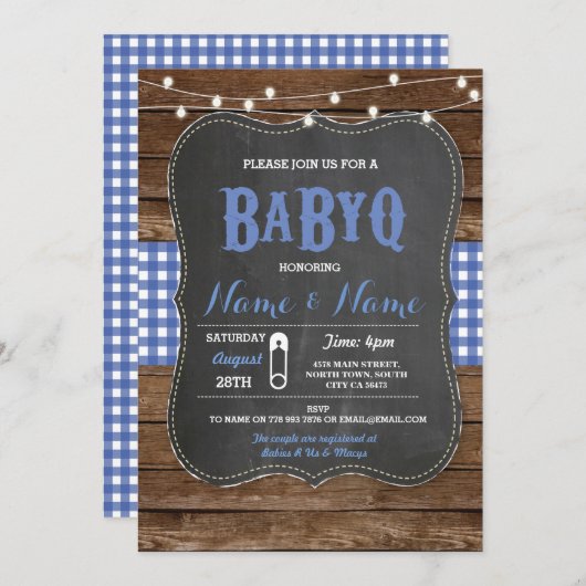 BaByQ GRILLEN Baby Shower Blue Chalk Wood Einladun Einladung (Vorne/Hinten)