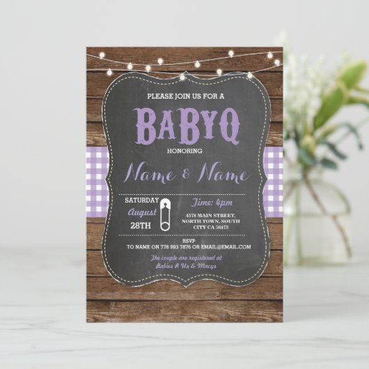 BaByQ GRILLEN Baby Shower Lila Chalk Wood Einladun Einladung (Stehend Vorderseite)
