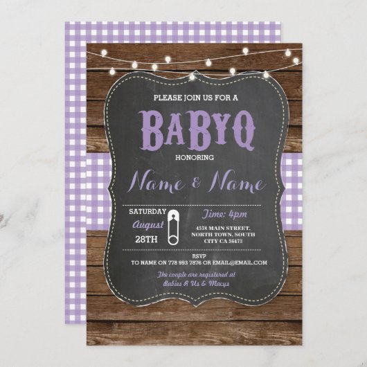 BaByQ GRILLEN Baby Shower Lila Chalk Wood Einladun Einladung (Vorne/Hinten)