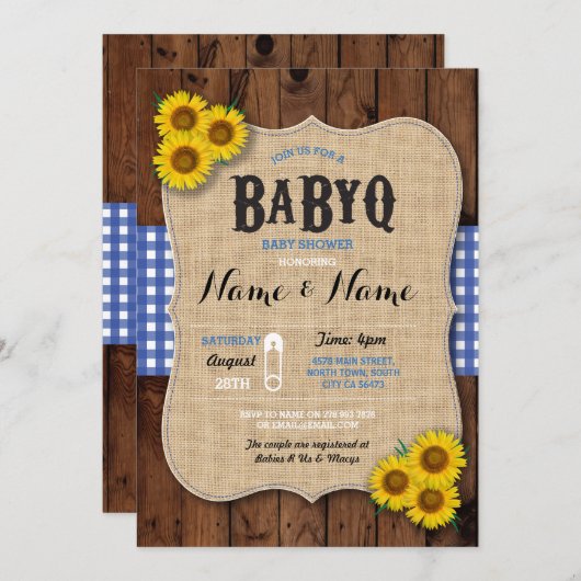 BaByQ GRILLEN Babydusche Blauer Sonnenblume Einlad Einladung (Vorne/Hinten)