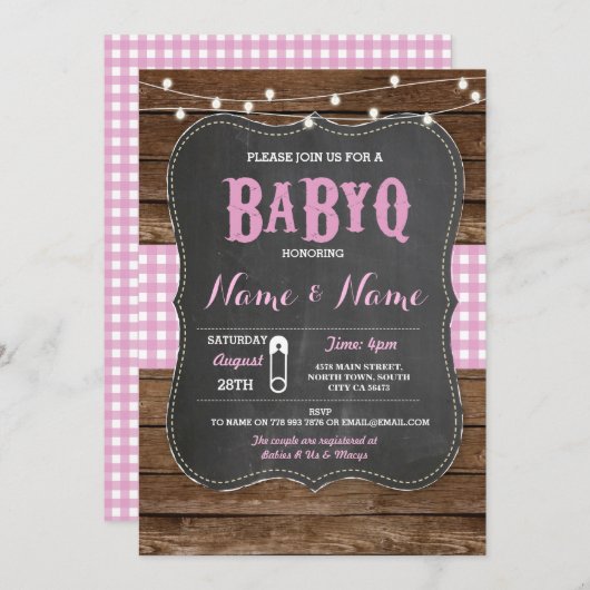 BaByQ GRILLEN Kinderdusche Pink Chalk Wood Einladu Einladung (Vorne/Hinten)