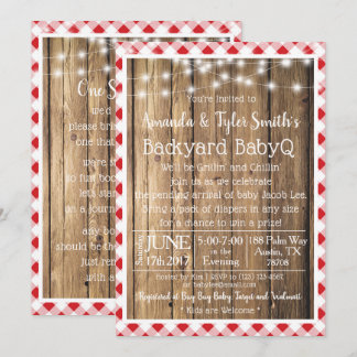 BabyQ GRILLEN Wood Rustic Red Gingham Baby Shower Einladung