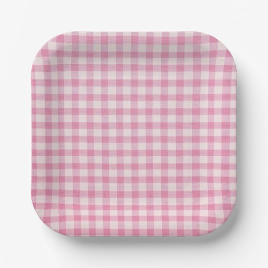 Babyrosa Gingham-Muster Pappteller (Vorderseite)
