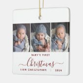 Baby's 1. Christmas 3 Foto Burgundy Red Script Keramikornament (Links)
