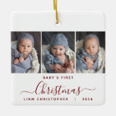 Baby's 1. Christmas 3 Foto Burgundy Red Script Keramikornament (Vorderseite)