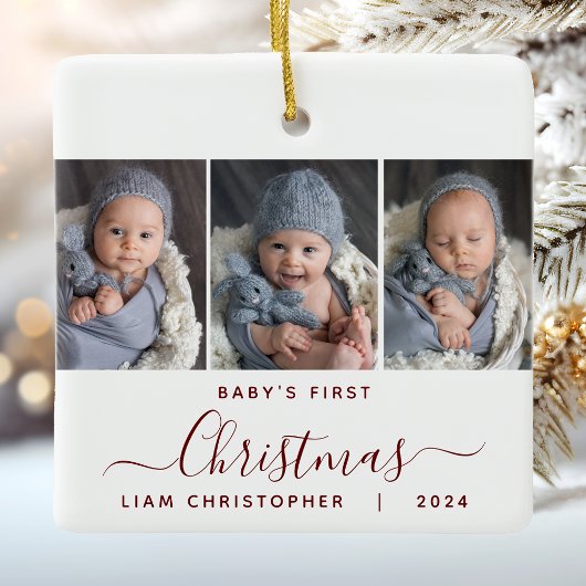 Baby's 1. Christmas 3 Foto Burgundy Red Script Keramikornament