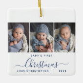Baby's 1. Christmas 3 Foto Navy Blue Script Keramikornament (Vorderseite)