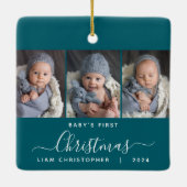Baby's 1. Christmas Aquamarin Blue 3 Foto Script Keramikornament (Rückseite)