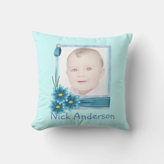 Babys 1. Christmas Blue Daisy Baby Foto Kissen (Vorderseite)
