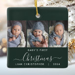 Baby's 1. Christmas Dark Green 3 Foto Script Keramikornament<br><div class="desc">Helfen Sie ihnen, mit diesem schönen modernen Sake-Ornament an das erste Weihnachtsfest ihres Enkels zu erinnern. Der weiße Text lautet "Das erste Weihnachtsfest des Babys", mit dem Wort "Weihnachten" in eleganter Handschrift mit Schnörkeln vor und nach einem dunkelgrünen Hintergrund. Ersetzen Sie die drei Beispielbilder durch Ihre bevorzugten vertikalen Fotos, und...</div>