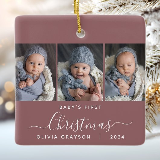 Baby's 1. Christmas Dusty Rose 3 Foto Script Keramikornament