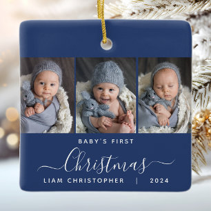 Baby's 1. Christmas Navy Blue 3 Foto Script Keramikornament