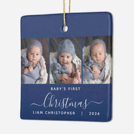 Baby's 1. Christmas Navy Blue 3 Foto Script Keramikornament (Links)