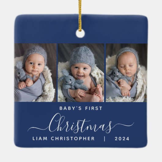 Baby's 1. Christmas Navy Blue 3 Foto Script Keramikornament (Rückseite)