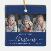 Baby's 1. Christmas Navy Blue 3 Foto Script Keramikornament (Vorderseite)