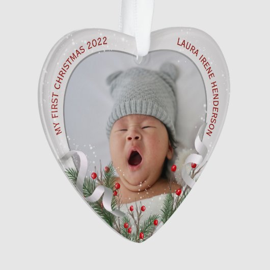 Baby's 1. Christmas Silver Holly Pine Frame Foto Ornament (Vorderseite)